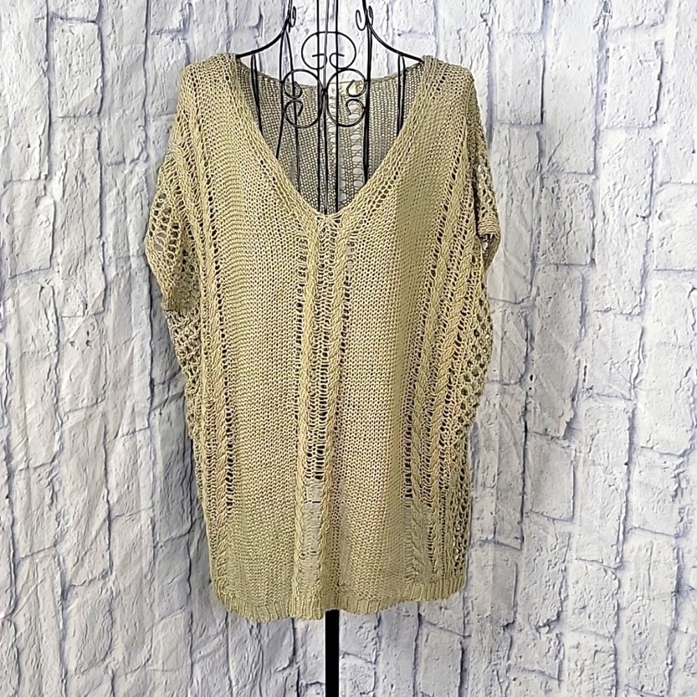 POL Lightweight Tan Crochet V Neck Sweater Large